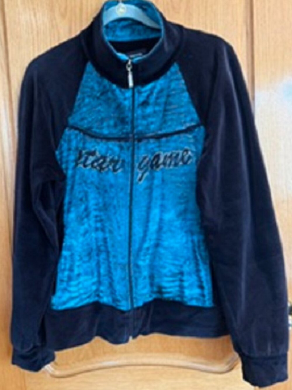 Women's Koc Tekstil Velour Jacket Full Zip Black Green Sweater Side Pockets Sz:L